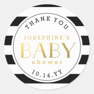 Black White Stripe Faux Gold Baby shower Hartelijk Ronde Sticker