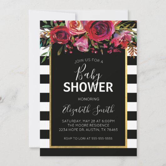 Black White Stripe Floral Baby shower Invitation Kaart (Voorkant)