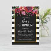 Black White Stripe Floral Baby shower Invitation Kaart (Staand voorkant)