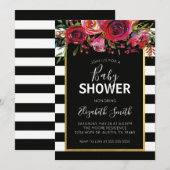 Black White Stripe Floral Baby shower Invitation Kaart (Voorkant / Achterkant)