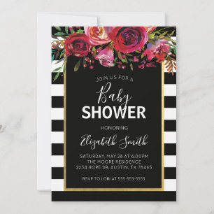 Black White Stripe Floral Baby shower Invitation Kaart