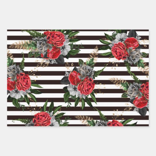 Black White Stripe Floral Wrapping Paper Set van 3 (Voorkant 2)