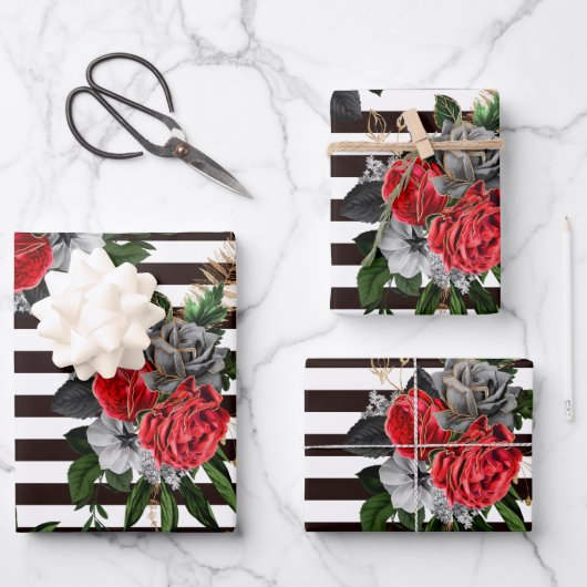 Black White Stripe Floral Wrapping Paper Set van 3 (Voorkant)