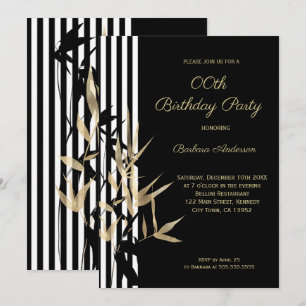 Black White Stripe Gold Bamboo leaf Birthday Kaart