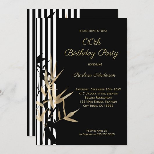 Black White Stripe Gold Bamboo leaf Birthday Kaart (Voorkant / Achterkant)