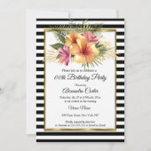 Black White Stripe Gold Hibiscus Floral Birthday Kaart (Voorkant)