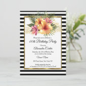Black White Stripe Gold Hibiscus Floral Birthday Kaart (Staand voorkant)