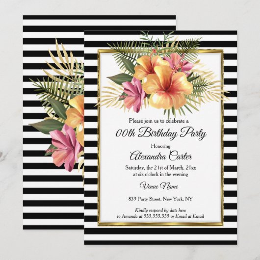 Black White Stripe Gold Hibiscus Floral Birthday Kaart (Voorkant / Achterkant)