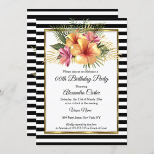 Black White Stripe Gold Hibiscus Floral Birthday Kaart