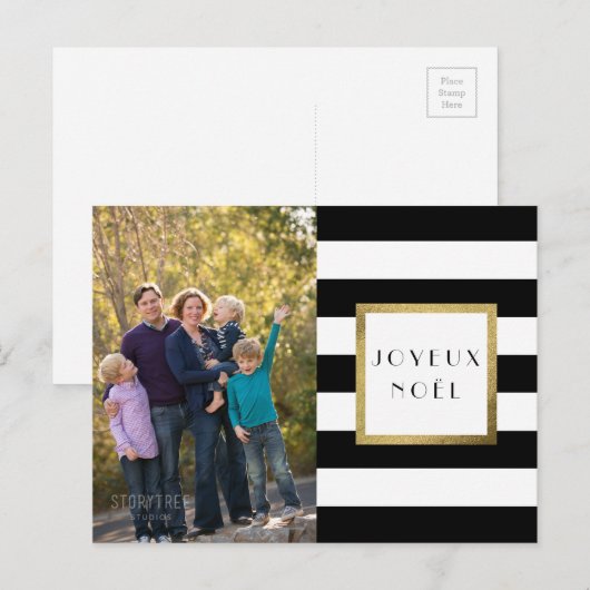 Black & White Stripe "Joyce Noël" Photo Xmas Feestdagenkaart (Voorkant / Achterkant)