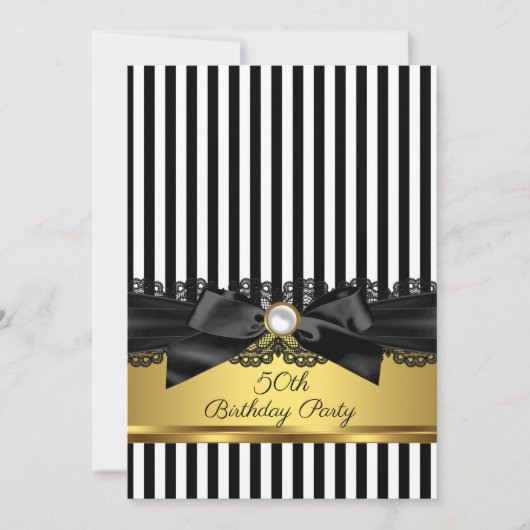 Black White Stripe Lace bow Gold 50e verjaardag Kaart (Voorkant)
