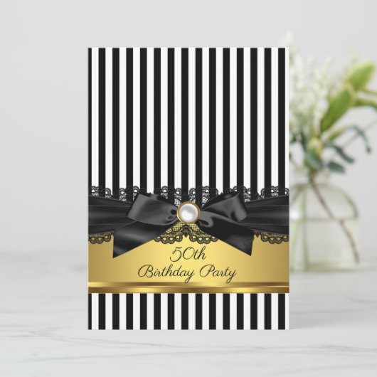 Black White Stripe Lace bow Gold 50e verjaardag Kaart (Staand voorkant)