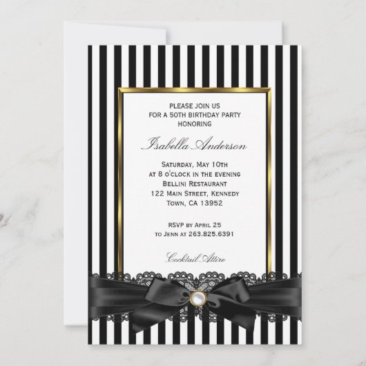 Black White Stripe Lace bow Gold 50e verjaardag Kaart (Achterkant)