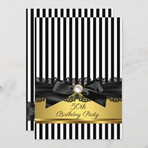 Black White Stripe Lace bow Gold 50e verjaardag Kaart