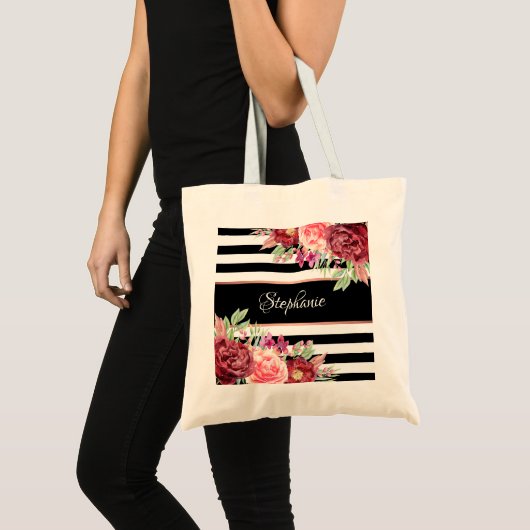Black White Stripe Modern Floral, speciaal geperso Tote Bag (Voorkant (product))