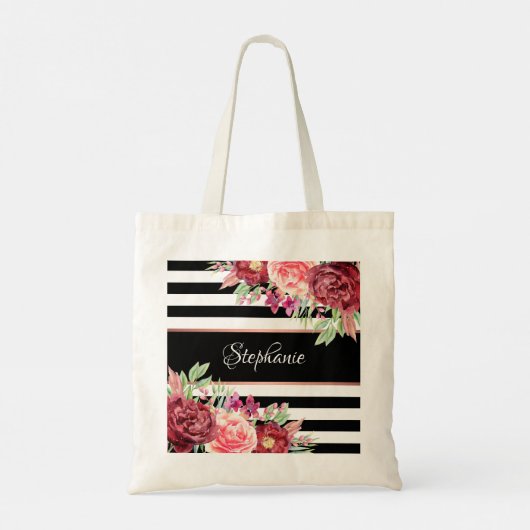 Black White Stripe Modern Floral, speciaal geperso Tote Bag (Achterkant)