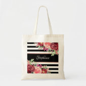 Black White Stripe Modern Floral, speciaal geperso Tote Bag (Voorkant)
