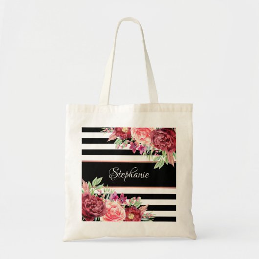 Black White Stripe Modern Floral, speciaal geperso Tote Bag (Voorkant)