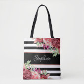 Black White Stripe Modern Floral, speciaal geperso Tote Bag (Voorkant)