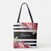 Black White Stripe Modern Floral, speciaal geperso Tote Bag (Achterkant)