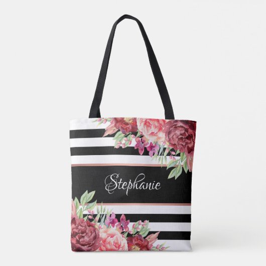 Black White Stripe Modern Floral, speciaal geperso Tote Bag (Achterkant)