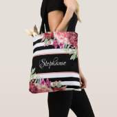 Black White Stripe Modern Floral, speciaal geperso Tote Bag (Dichtbij)