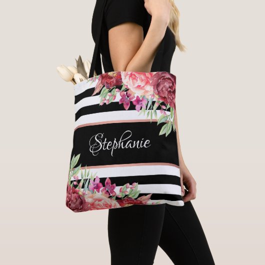 Black White Stripe Modern Floral, speciaal geperso Tote Bag (Dichtbij)