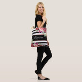 Black White Stripe Modern Floral, speciaal geperso Tote Bag (Op model)