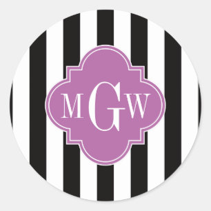 Black White Stripe Orchid Quatrefoil 3 Monogram Ronde Sticker