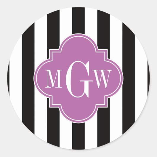 Black White Stripe Orchid Quatrefoil 3 Monogram Ronde Sticker (Voorkant)