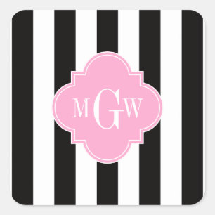 Black White Stripe Pink Quatrefoil 3 Monogram Vierkante Sticker