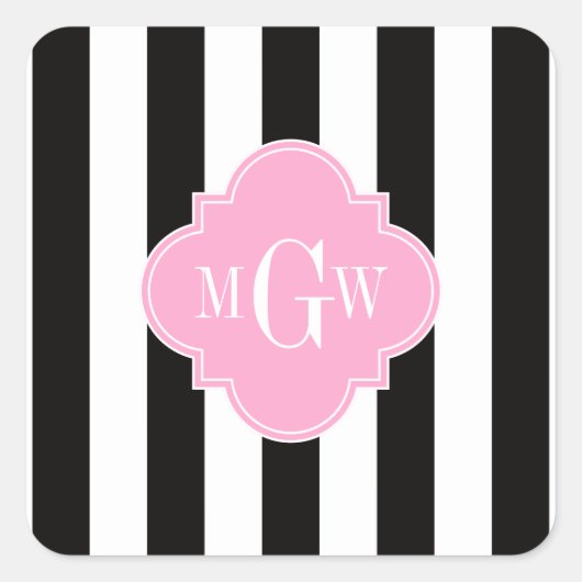 Black White Stripe Pink Quatrefoil 3 Monogram Vierkante Sticker (Voorkant)