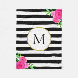 Black White Stripe Pink Waterverf Floral Monogram Fleece Deken
