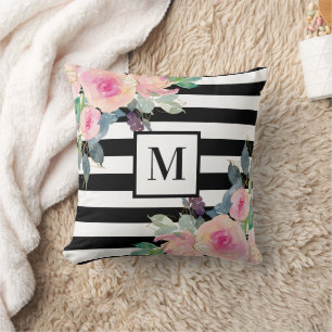 Black White Stripe Pink Waterverf Floral Monogram Kussen