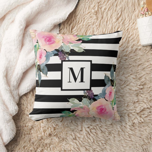 Black White Stripe Pink Waterverf Floral Monogram Kussen (Deken)