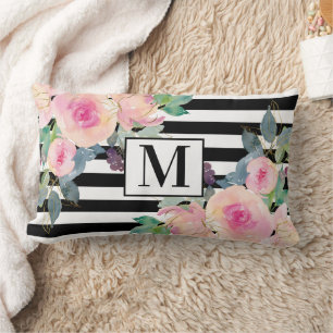 Black White Stripe Pink Waterverf Floral Monogram Kussen