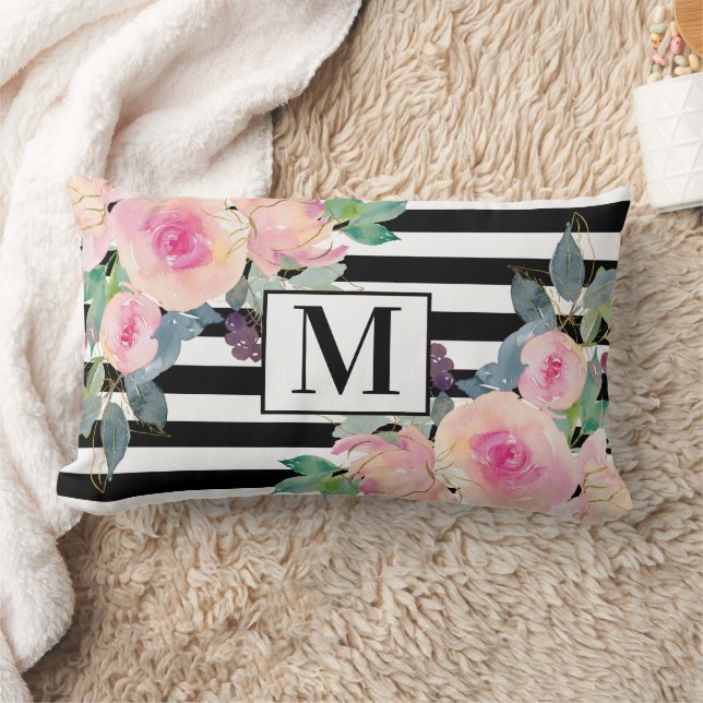 Black White Stripe Pink Waterverf Floral Monogram Kussen (Deken)