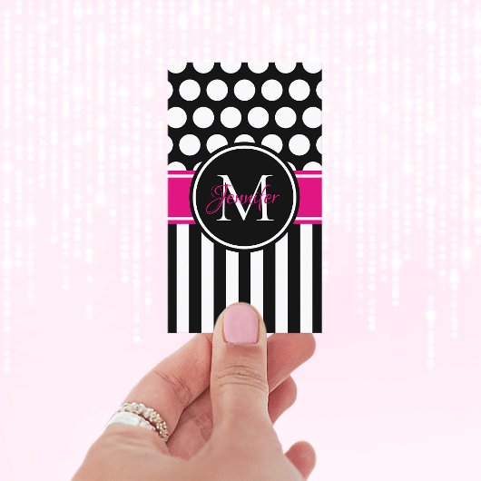Black White Stripe Polka Dot Hot Pink Monogram Visitekaartje