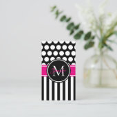 Black White Stripe Polka Dot Hot Pink Monogram Visitekaartje (Staand voorkant)