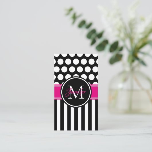 Black White Stripe Polka Dot Hot Pink Monogram Visitekaartje (Staand voorkant)
