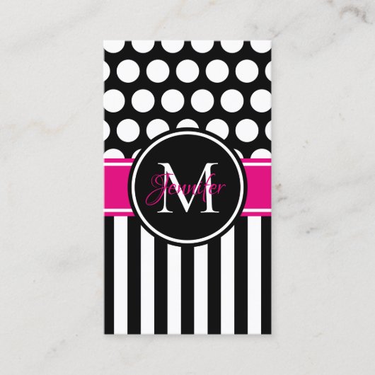 Black White Stripe Polka Dot Hot Pink Monogram Visitekaartje (Voorkant)