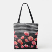 *~* Black White Stripe Red Poppy Pattern Tote Bag (Achterkant)