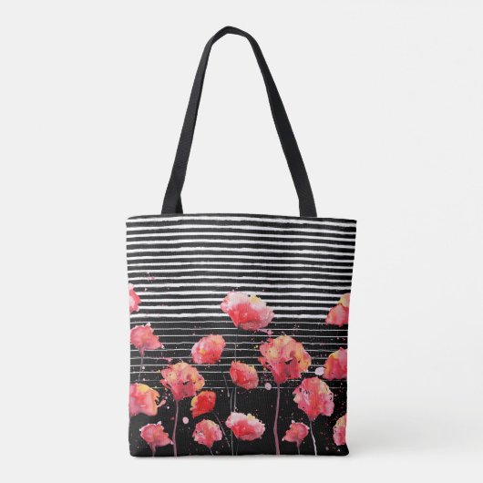 *~* Black White Stripe Red Poppy Pattern Tote Bag (Achterkant)