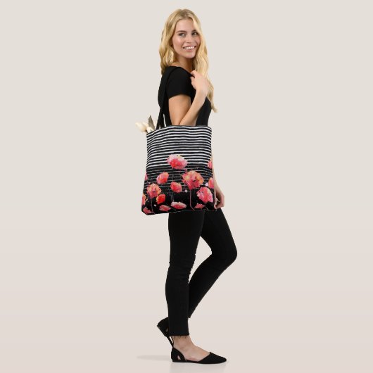 *~* Black White Stripe Red Poppy Pattern Tote Bag (Op model)
