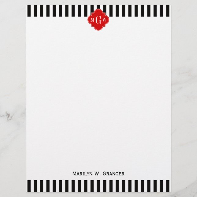 Black White Stripe Red Quatrefoil 3 Monogram (Voorkant)
