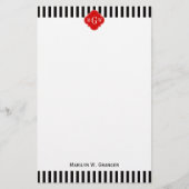 Black White Stripe Red Quatrefoil 3 Monogram Briefpapier (Voorkant)