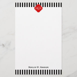 Black White Stripe Red Quatrefoil 3 Monogram Briefpapier