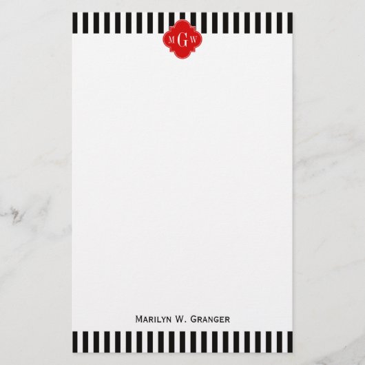 Black White Stripe Red Quatrefoil 3 Monogram Briefpapier (Voorkant)
