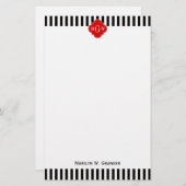 Black White Stripe Red Quatrefoil 3 Monogram Briefpapier (Voorkant / Achterkant)