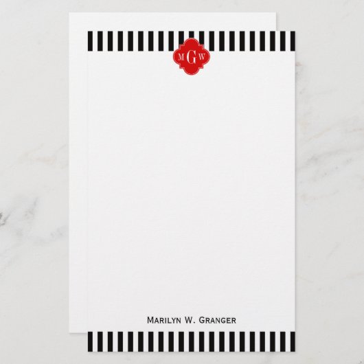 Black White Stripe Red Quatrefoil 3 Monogram Briefpapier (Voorkant / Achterkant)